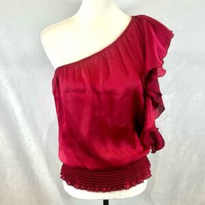 One shoulder satin ruffle fuchsia smocked blouse top size medium